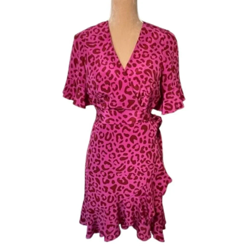 Marie Oliver Silk Leopard Wrap Dress Pink Ruffle Mini XS - Picture 2 of 12